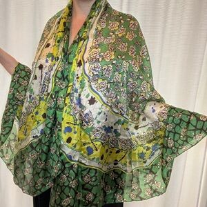Floral Green Silk Scarf XL beach cover up summer top silk saraong